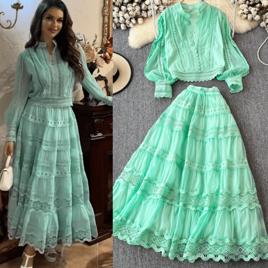 Women's Clothing Temperament Fashion Heavy Industry Splicing Lace Long Skirt Set