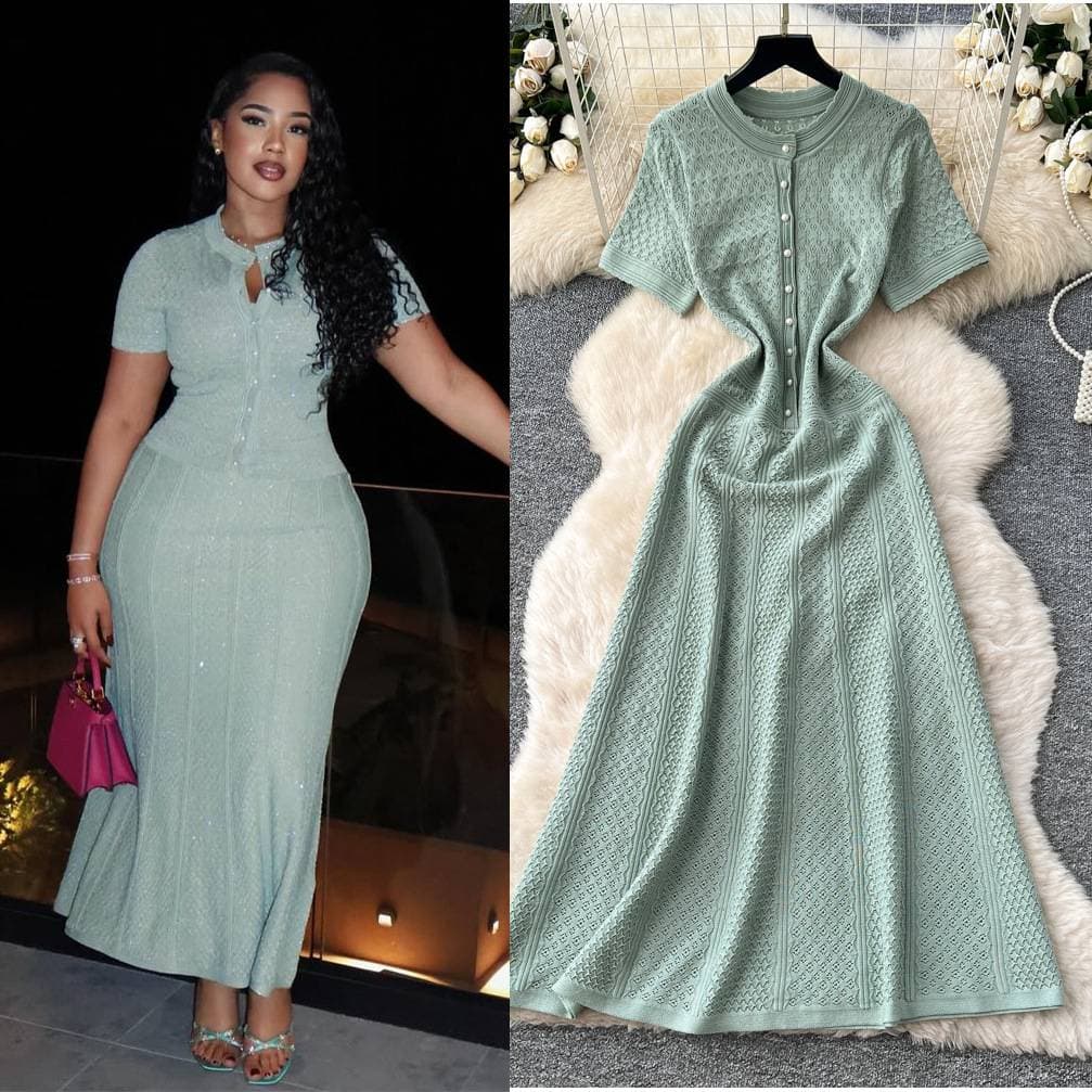 Women's Clothing Knit Dress – Spring Pearl-Embellished Round Neck A-Line Midi Dress (Beige/Green/Black, One Size Fits Most)