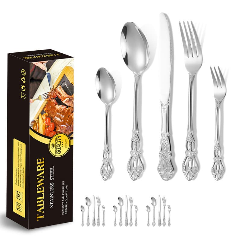 Royal Stainless Steel Knife, Fork, Spoon Set, Cross border 4Person 20 Piece Set, Retro Hollow Relief Steak Knife, Fork, European Style