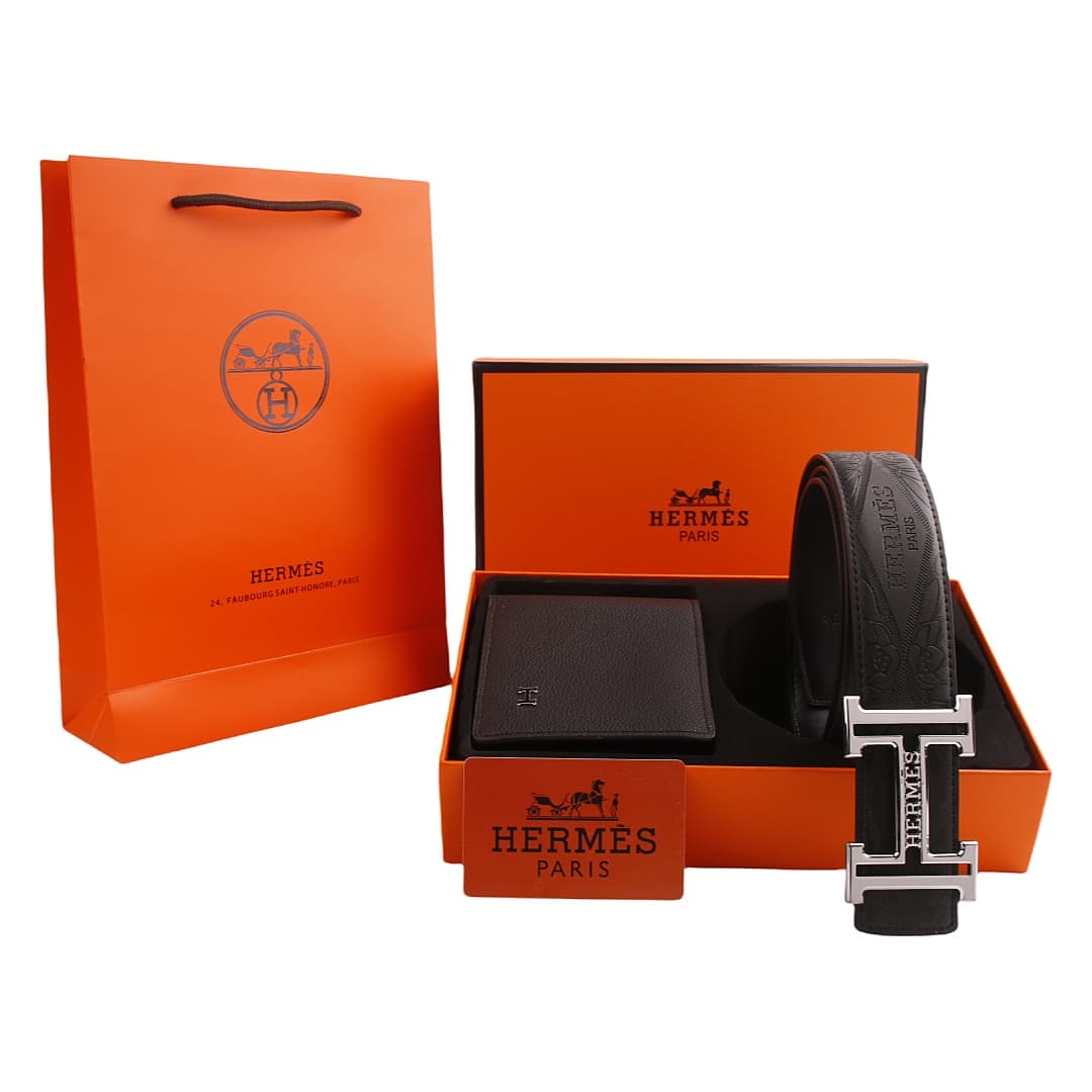 Ensemble portefeuille et ceinture pour homme en cuir noir avec boucle en H