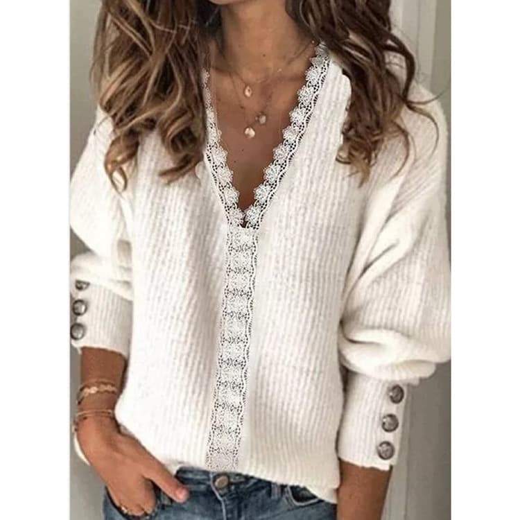 fashion women's clothing solid color knitted V-neck loose long-sleeved T-shirt