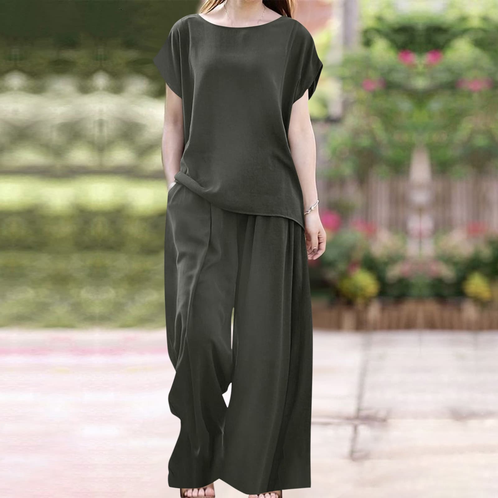 Women's 2-piece set fashionable short-sleeved shirt and wide-leg pants loose sportswear