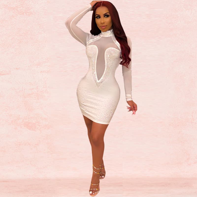 Women's Clothing Rhinestone Sexy Mesh Nightclub Dress H3281