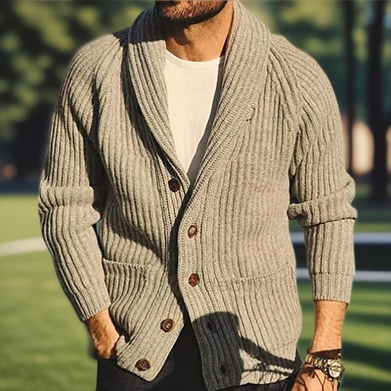 Men's Solid Color Turn-Down Collar Long Sleeve Knit 1950S Sweater Trend SY0055