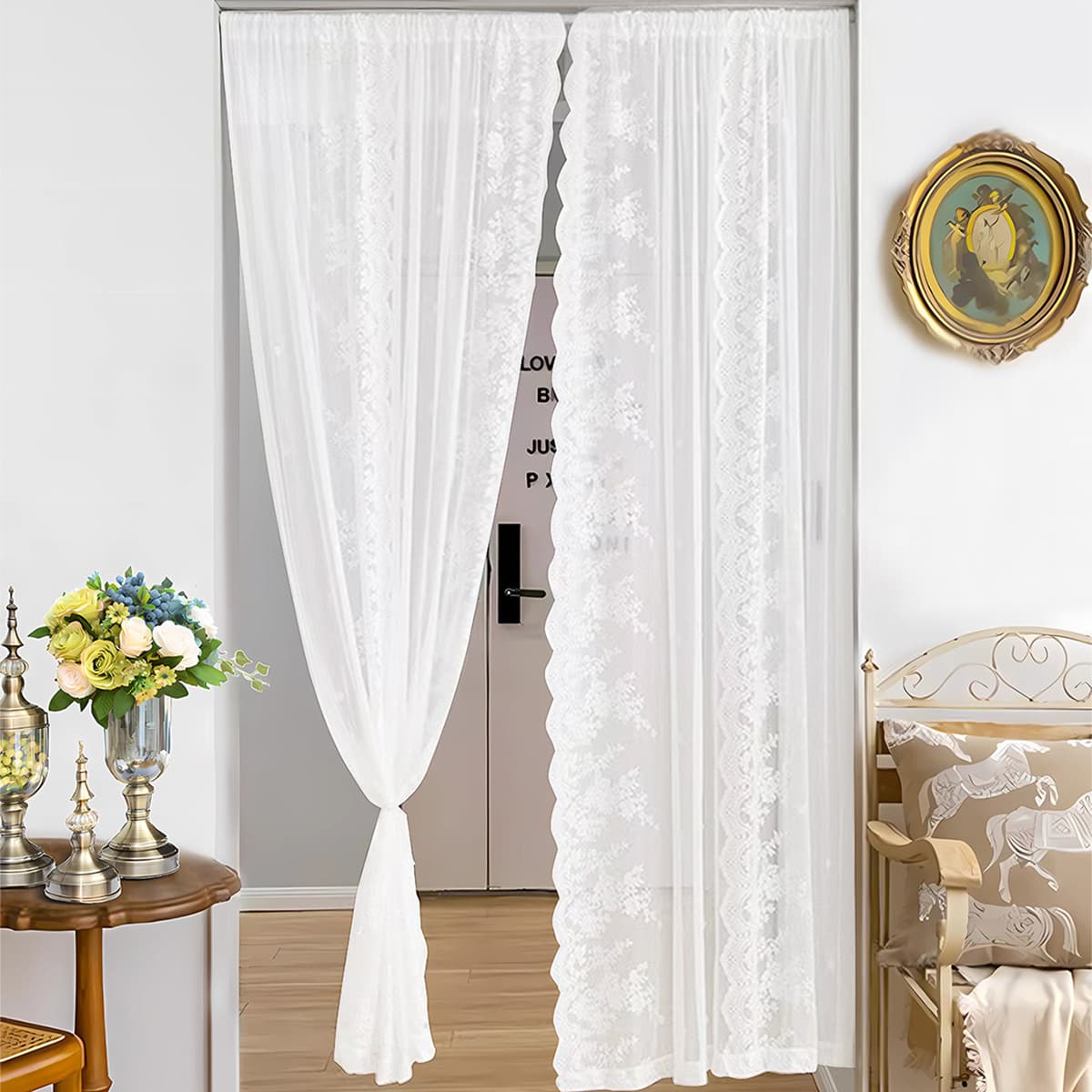 Curtains Embroidered Lace Voile Curtains With Double Ruffles Rod Pocket Sheer Drapes Ready Made Vertical Pattern Window Panels