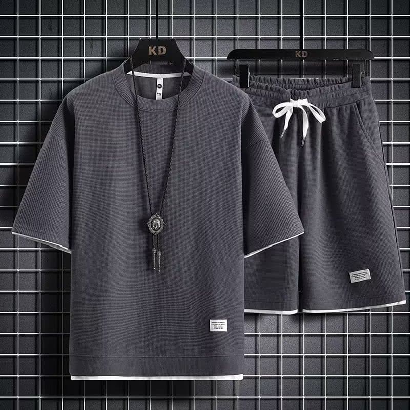 Men's Casual Sports Suit Summer Ice Trend Loose Waffle Short-sleeved Shorts A Set Of Clothes Handsome Match