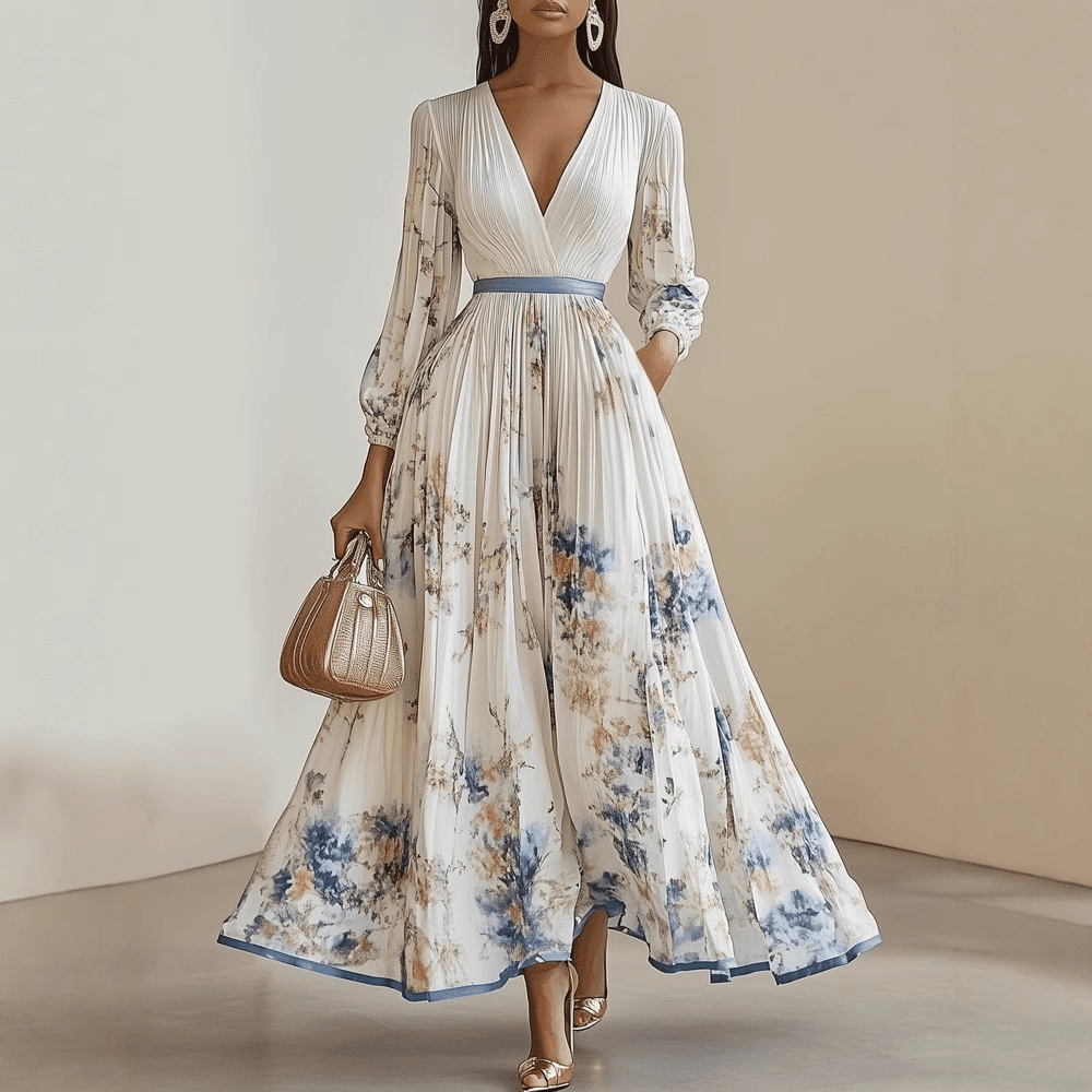 V-neck A-line Hot Print Holiday Dress
