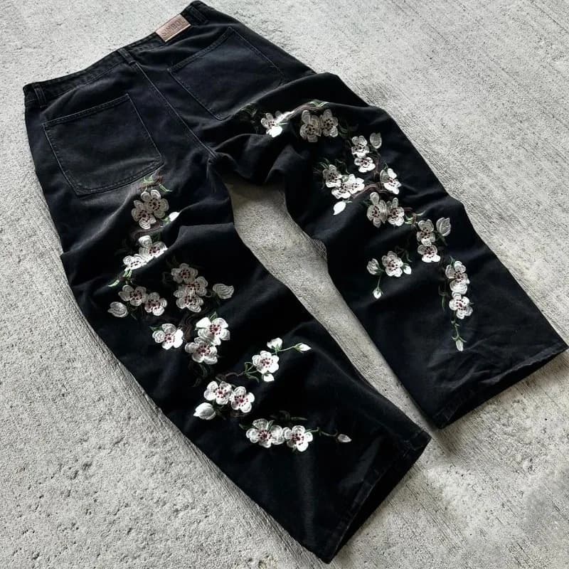 Men's Clothing Loose Jeans Cherry Blossom Embroidery High Quality Streetwear Jeans