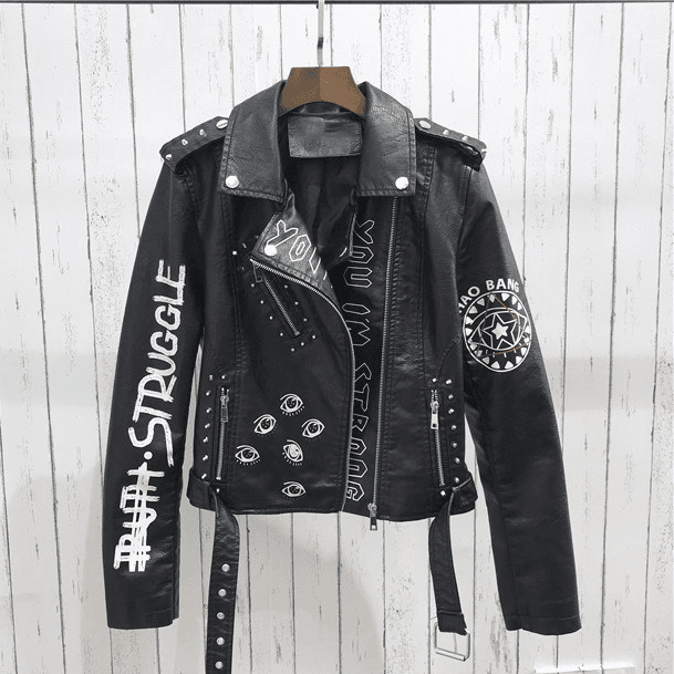 Coat Leather Jacket Women PU Rivet Zipper Epaulets 3d Printed Motorcycle Street Wear