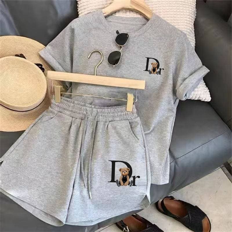 Women's Clothing Smiley Face Print Short Sleeved Women's Short-sleeved T-shirt With Bear Graphic And Letter Pattern Set