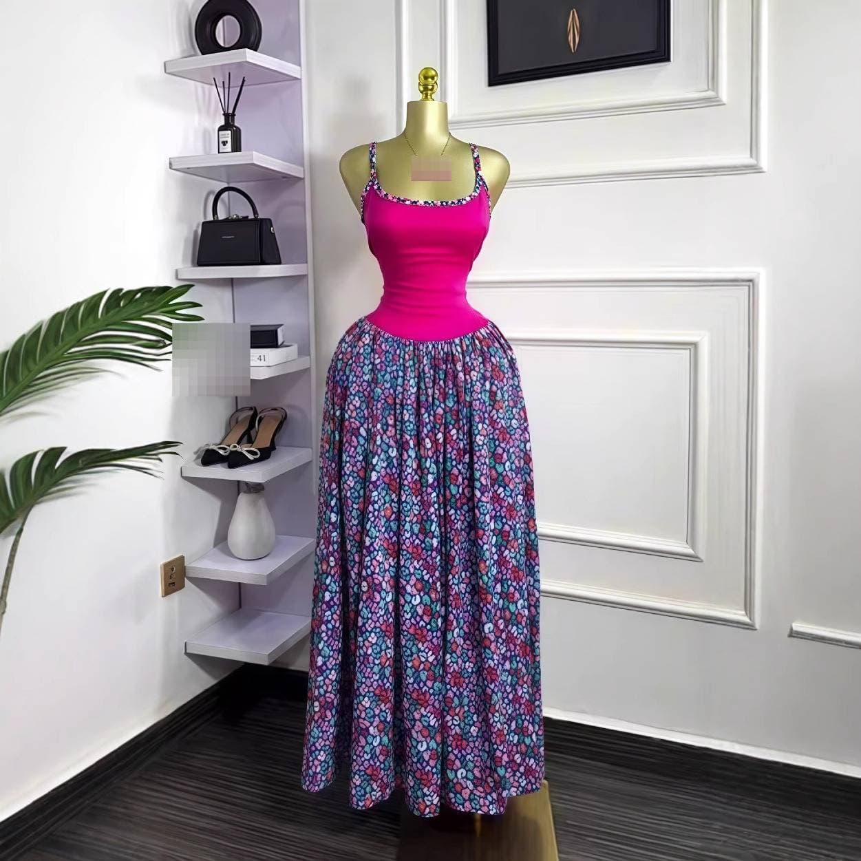 Women's Clothing Sleeveless Long Dress Sexy Suspender Print Tight Pleated Fashion