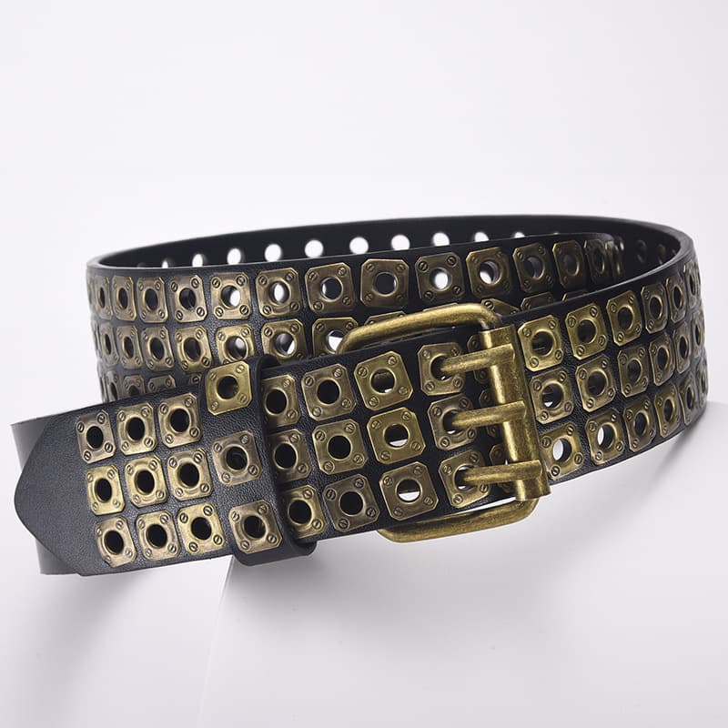 New style square, bead, willow, nail, three exhaust eyes, punk PU belt, unisex personalized and trendy pants belt