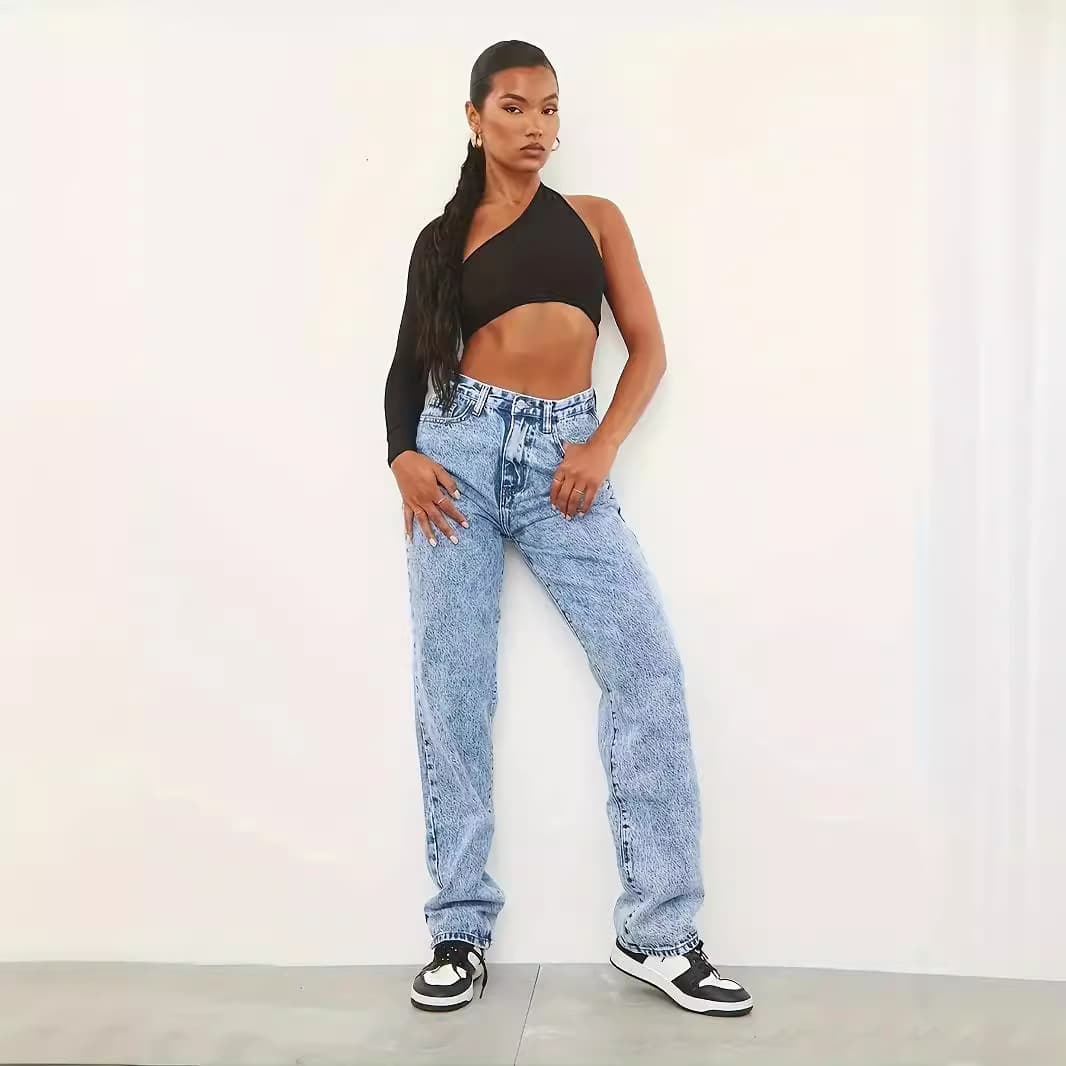Women's Clothing Light Blue High Waist Loose Comfortable Slim Fit Fashion Straight Casual Denim Trousers