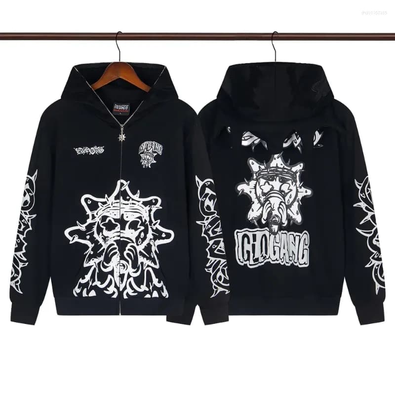 Men's Hoodies Glo Gang Eroded Thermal Embroidery Printing Hoodie Men Women High Quality Oversized Black Full Zip Hooded