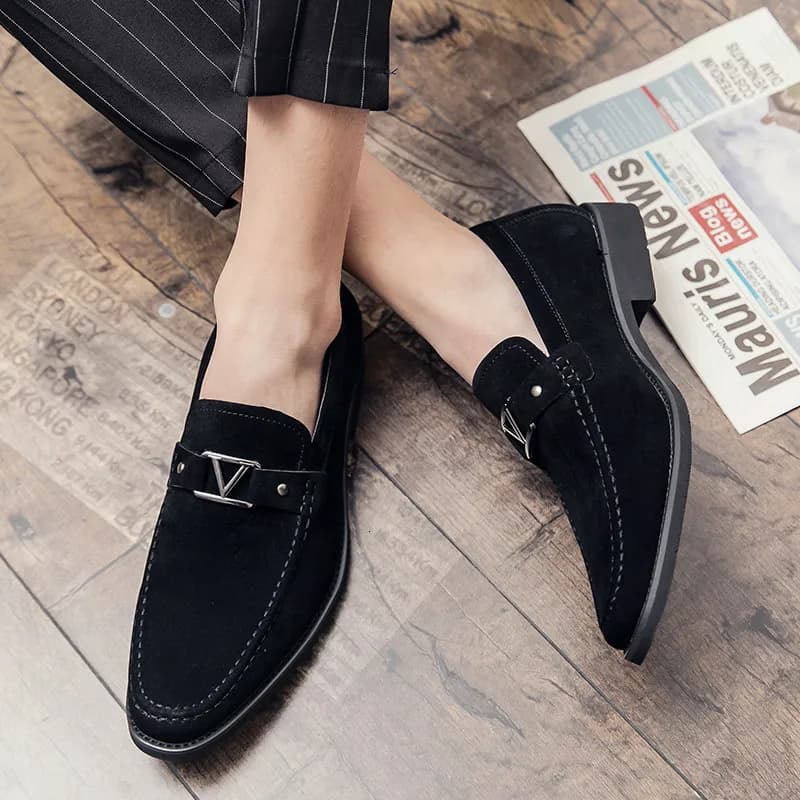 Mens Navy Blue Suede Loafers Durable With Metal Buckle Detail