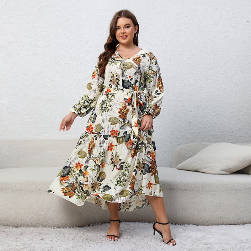 Women's Printed V-Neck Long Sleeve Floral Long Dress Loose Swing Skirt