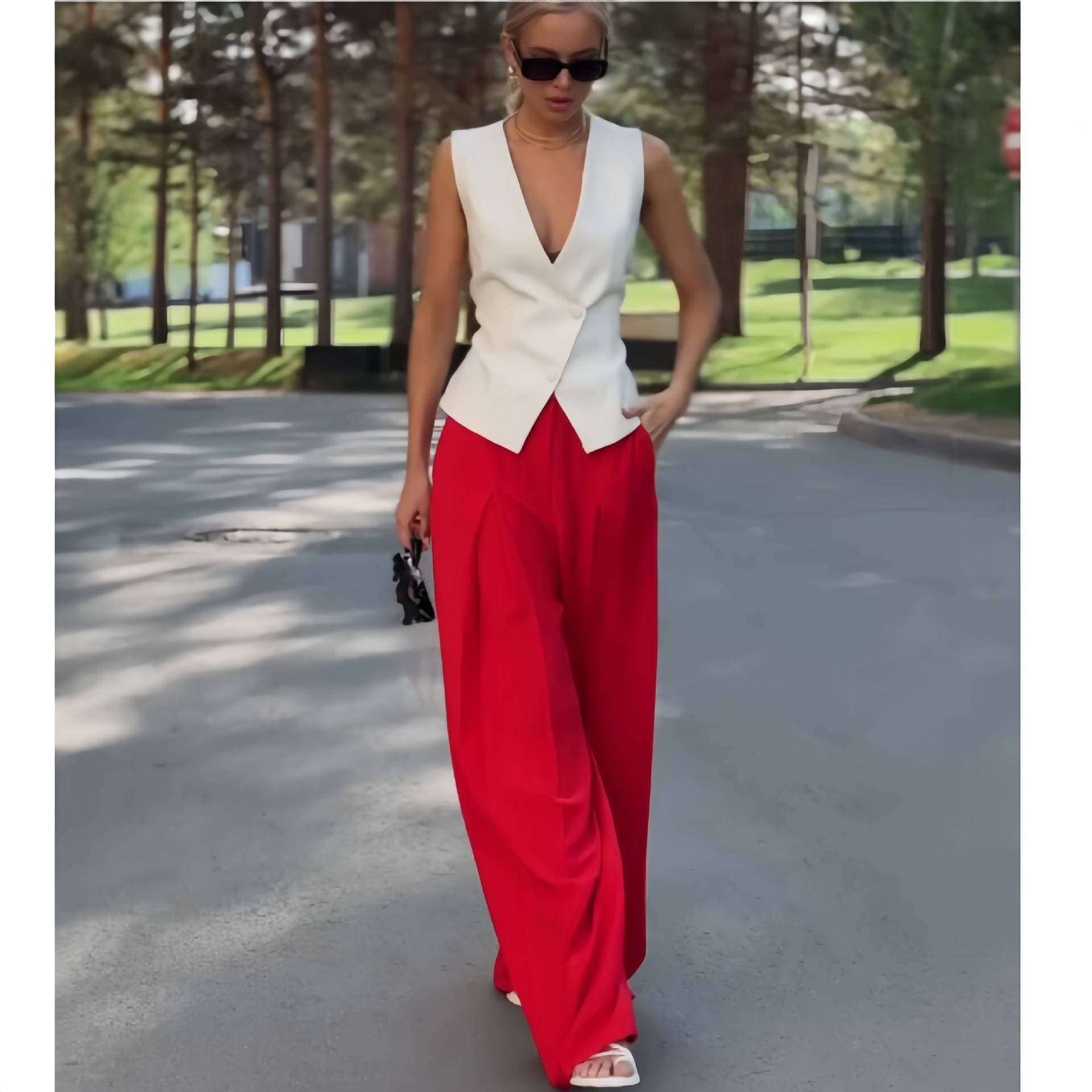 Women's Clothing New Fashion Personality Deep V Sleeveless Top High Waist Wide Leg Pants Two Piece Set