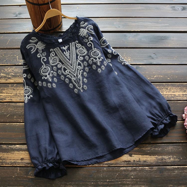 [Cotton Linen] Women's Clothing Large Size Loose Embroidered Round Neck T-shirt Top Cotton Linen Shirt