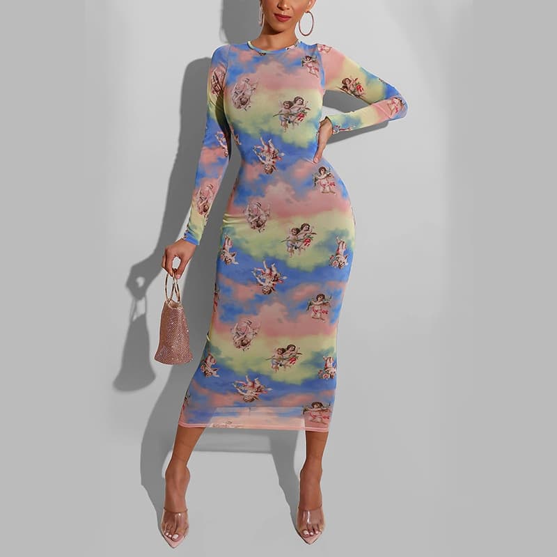 Women's Clothing Long Sleeve Straight Mesh Print Midi Skirt Casual Dress