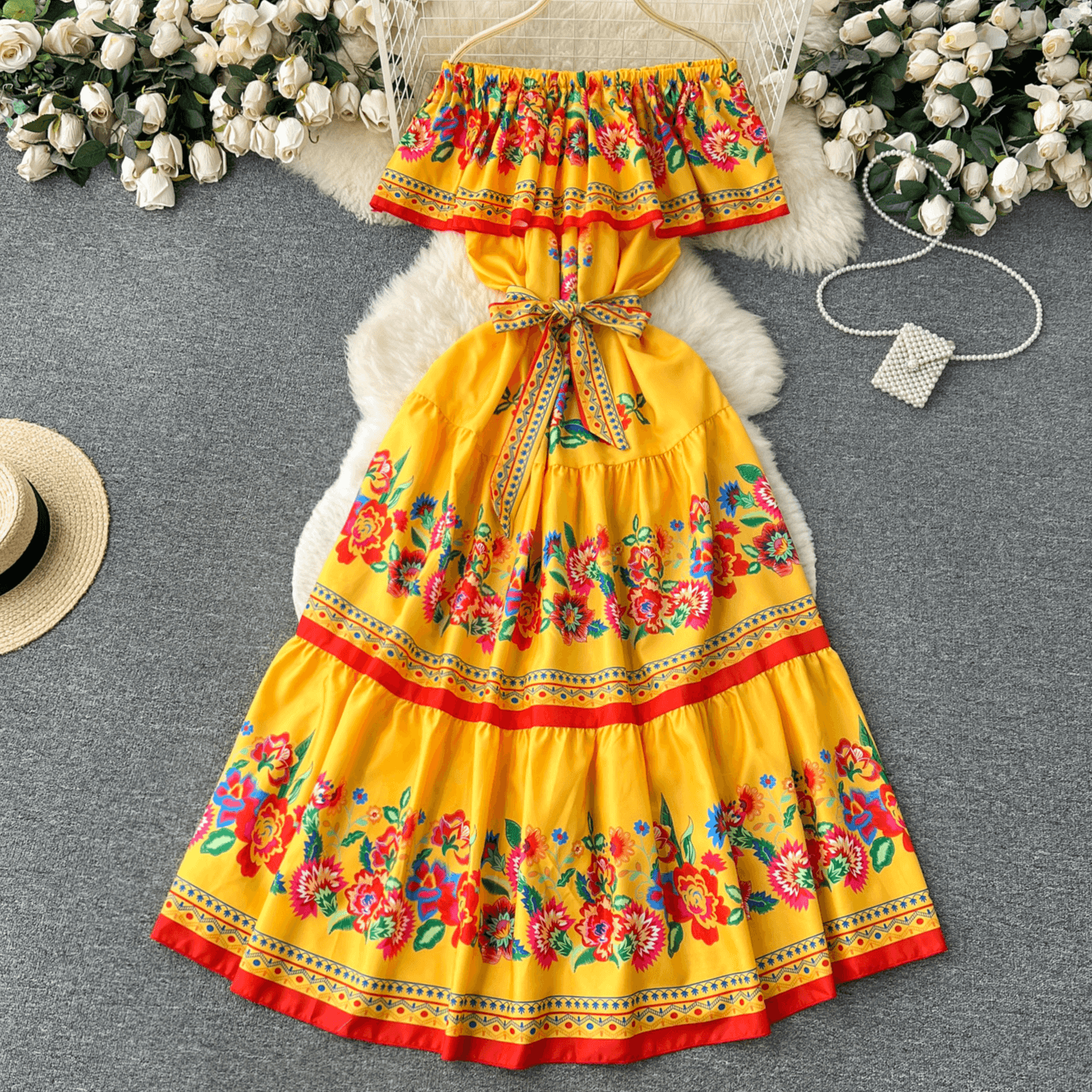 Women's French palace style floral one-shoulder dress for women summer strappy waist design super fairy long dress