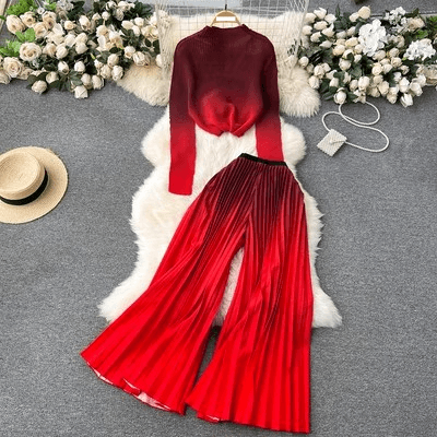 Women's Clothing Royal sister light luxury high end long sleeved pleated printed tops women's casual two piece set loose drape pleated wide leg pants
