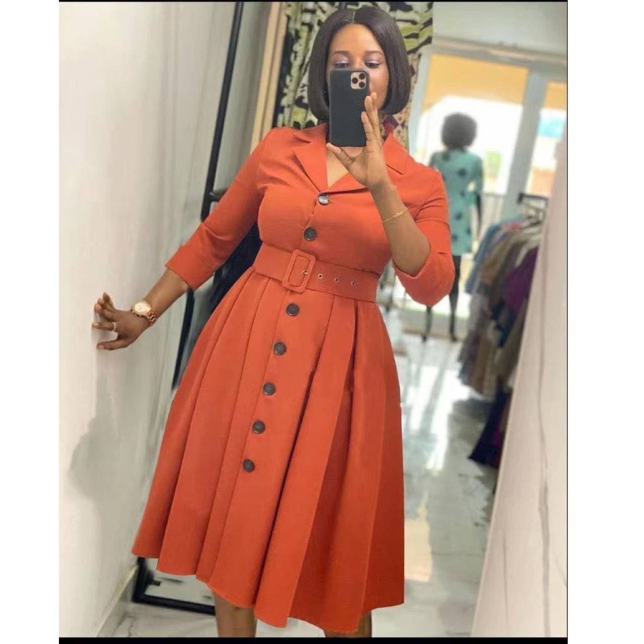 Women's Clothing Solid Color V Neck Simple Lapel Button A Line Dress With Belt
