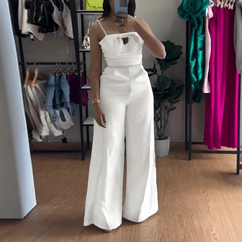 Women's Clothing White Chest Bow Design Bubble Beaded Suspenders Waist Wide Leg Jumpsuit