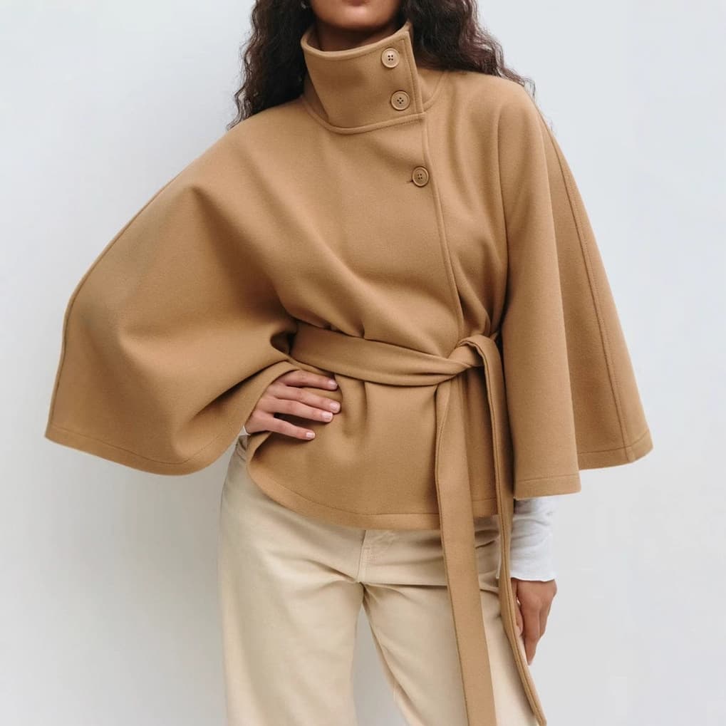 Elegant Cape Coat With Stand Collar & Belt – Women’s Stylish Fall/Winter Trench Coat (Khaki, White, Black, Navy, Brown)