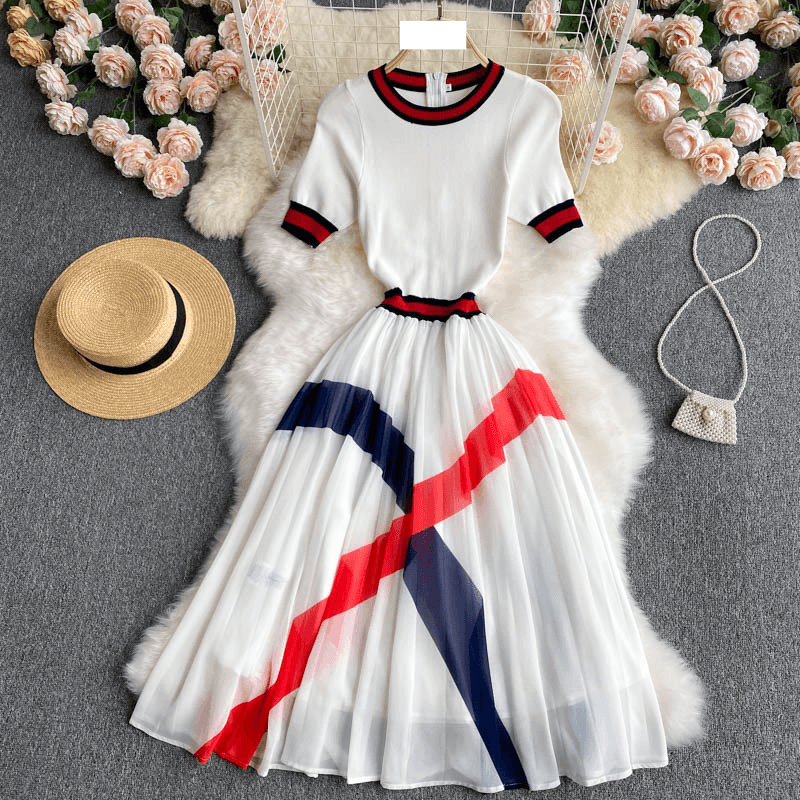 Women's knitted short sleeve design sense color matching stripe stitching heavy pressed chiffon dress new summer slimming dress