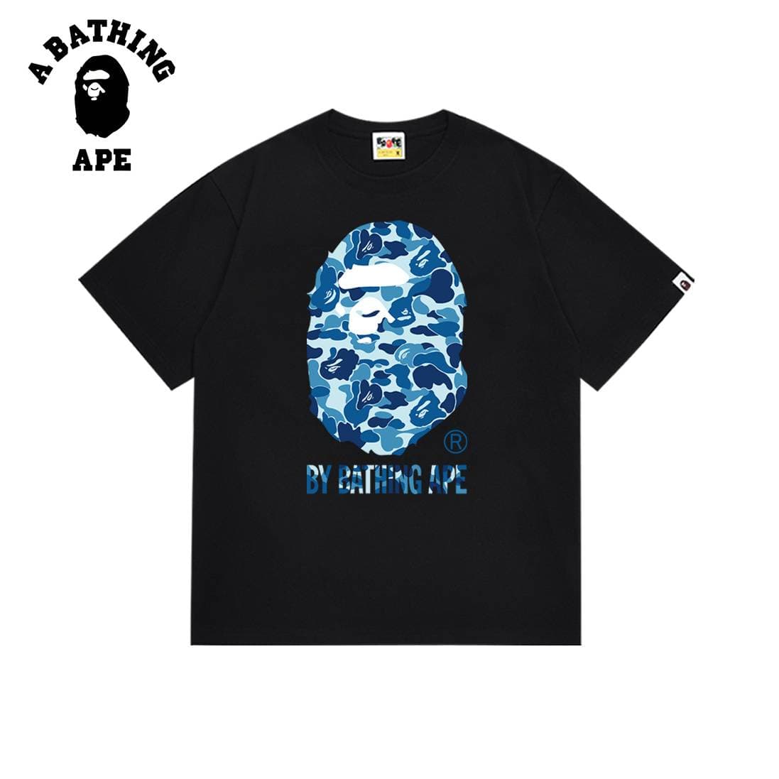 A BATHING APE BAPE-SimplNavy Blue Ape Head Men's Short Sleeved T-shirt With Letter Printed Pattern