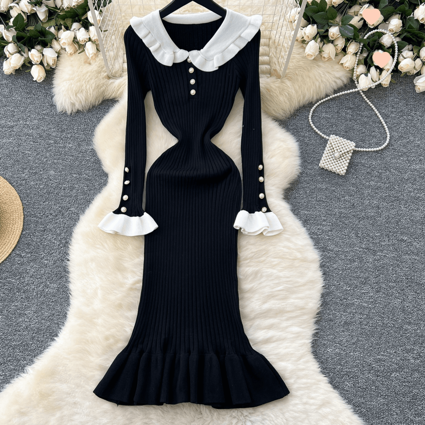 Retro Color-Block Peter Pan Collar Dress – Stretchy High-Waisted A-Line Knit Dress With Flounce Hem (One Size, Elastic Waist, Long Sleeve, )​