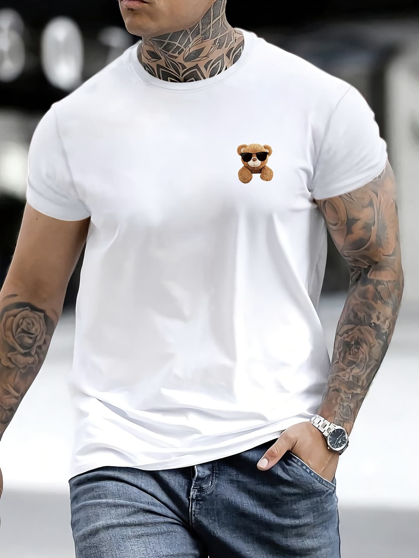 100% Pure Cotton Men's Summer Fashionable Short Sleeved Teddy Bear Pattern Printed Casual Slim Fit Versatile Top