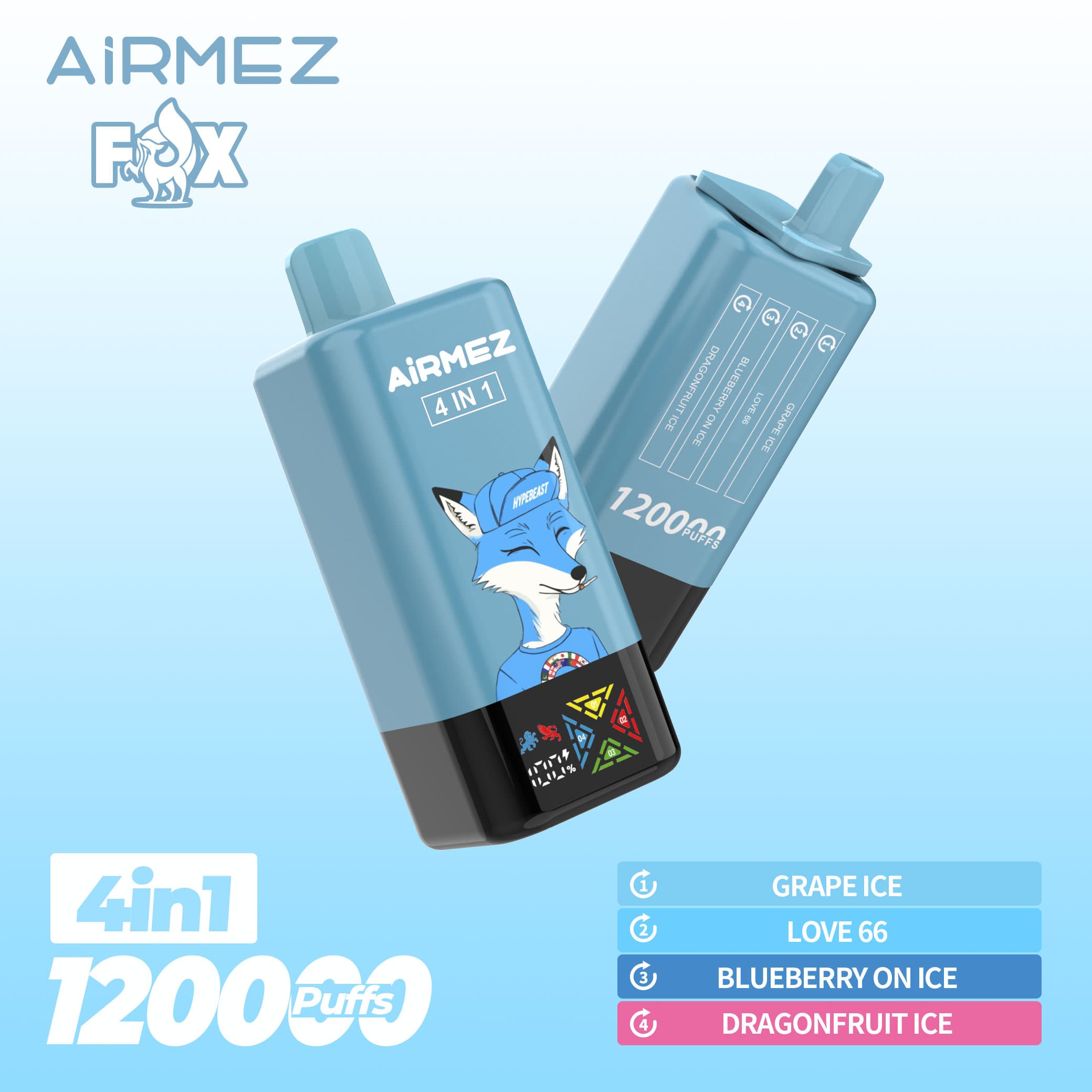 Airmez Fox 120K bouffées, 4 saveurs en 1, nouvelle cigarette électronique rechargeable originale avec écran LCD, jetable, entrepôt UE