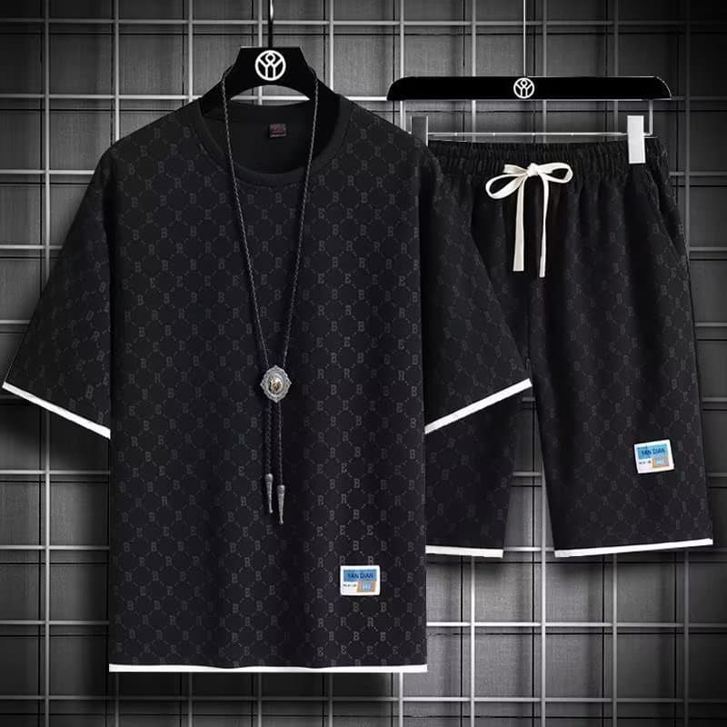 Men's Casual Short-Sleeved T-Shirt Set Versatile Fashion Sports Suit For Summer Black/Gray/White Polyester Trendy Clothing