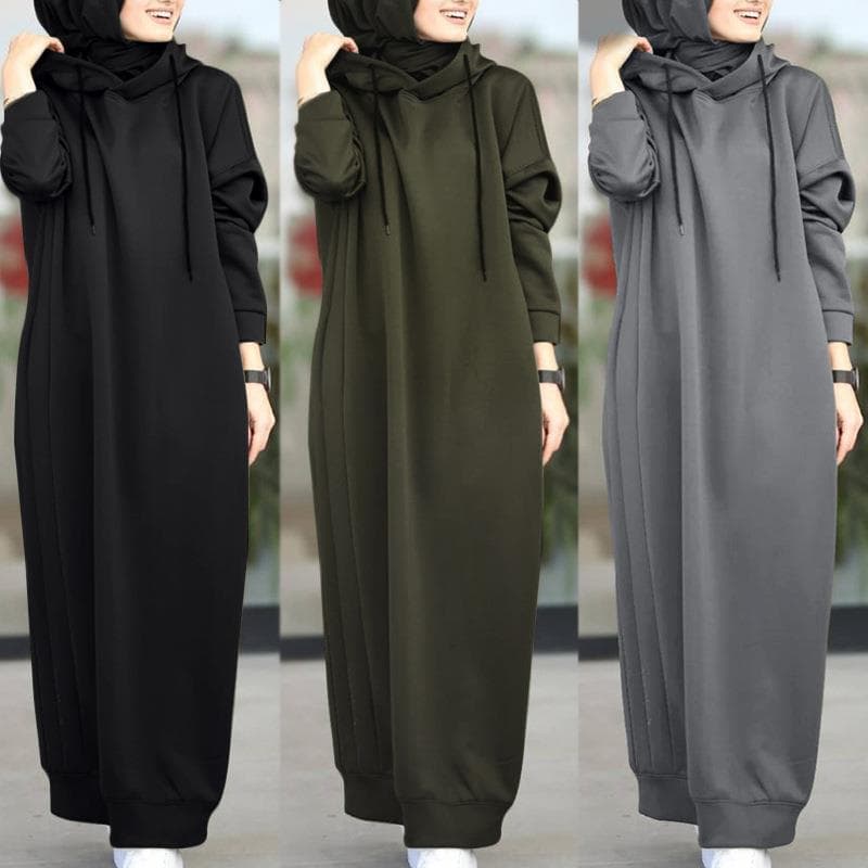 Women's Clothing Muslim autumn women's clothing solid color fur plush fabric hooded drawstring loose casual pocket long sleeve women's sweatshirt