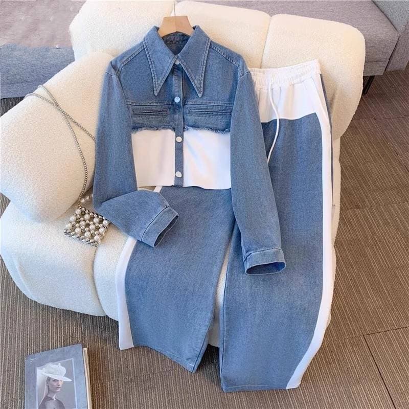 Women's Clothing Stylish And Slim, Denim Splicing, Contrasting Colors, Casual Straight Pants, Popular Two Piece Suits