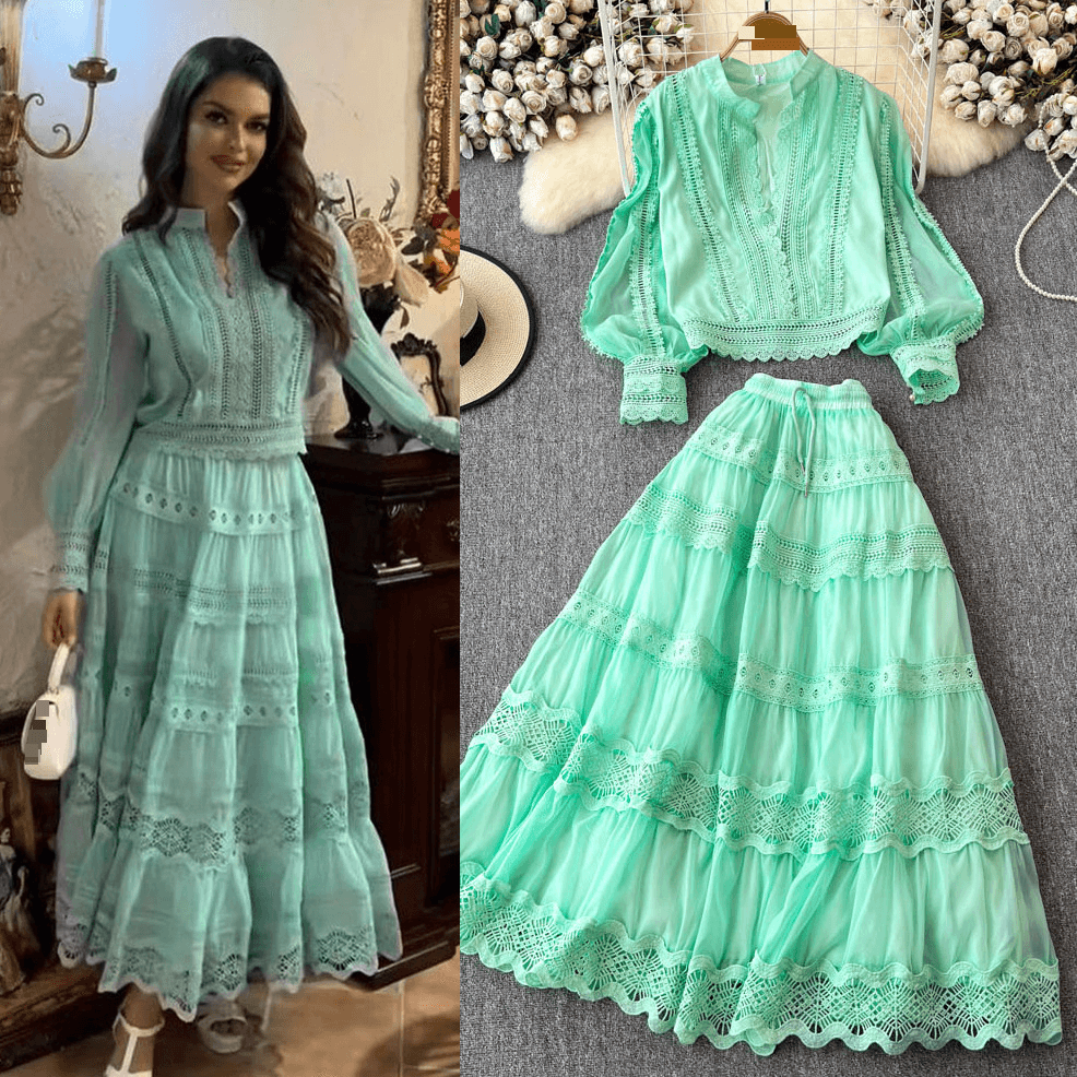Women's Fashion Celebrity Style Lantern Sleeve Long-Sleeve Patchwork Shirt And A-line Skirt Set