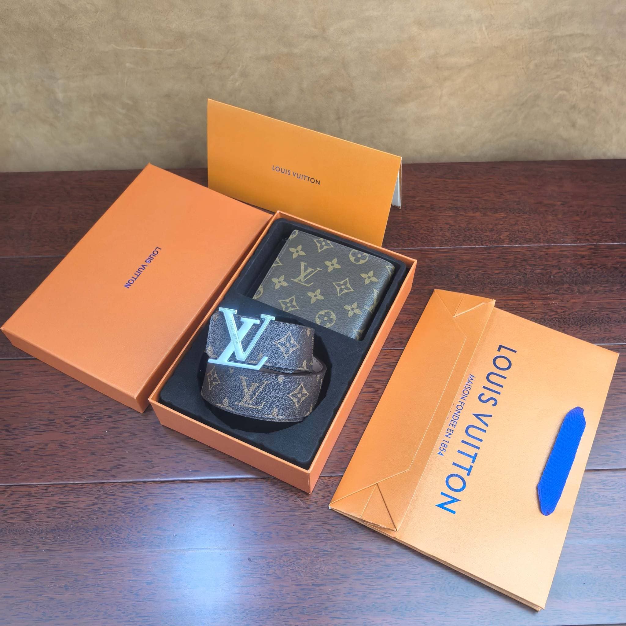 Ensemble ceinture et portefeuille pour homme, marque de luxe, ceinture en cuir à boucle, portefeuille court avec boîte