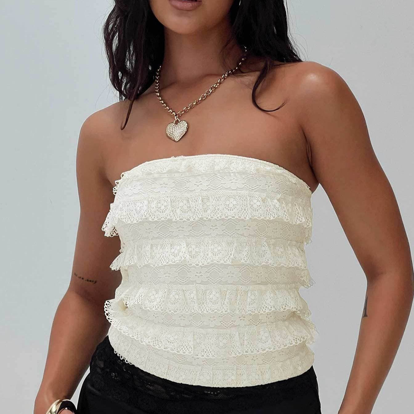 Women's Clothing Sexy Hot Girl Lace Pleated Lace Solid Color All Match French Tube Top