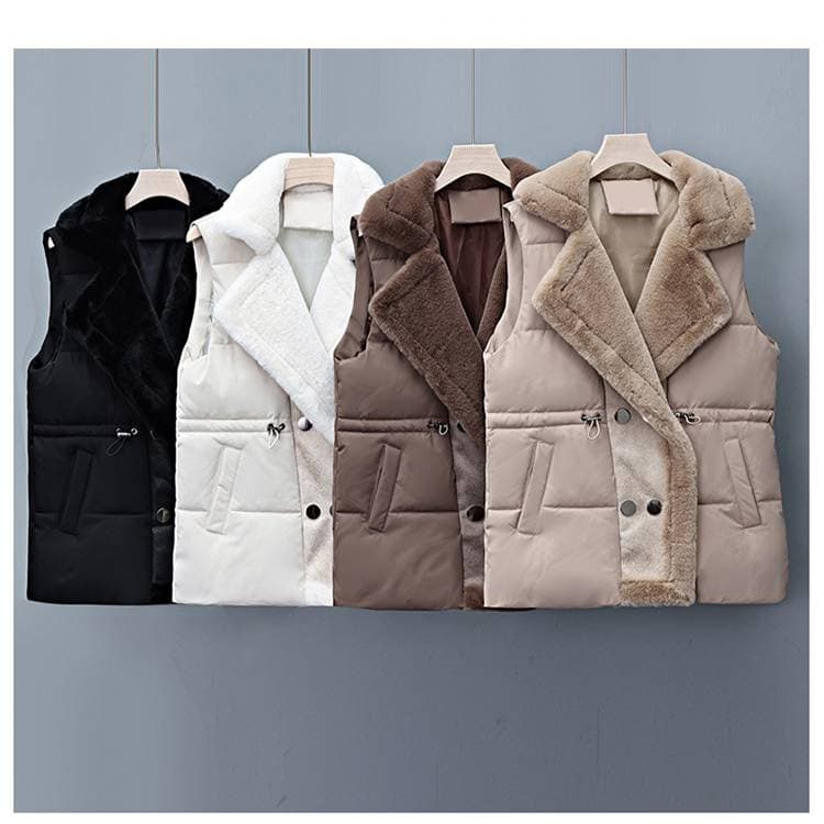 Women's Clothing Double Breasted Fur Collar Waist Fur Integrated Women's Double-Breasted Faux Fur Collar Waist-Cinching Fleece-Lined Vest Coat​