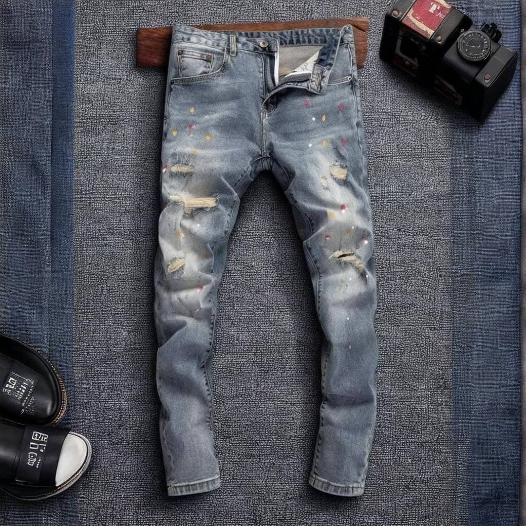 Men's Stretch Denim Jeans With Splatter Paint, Patches & Studs - Slim Fit Black Casual Pants For Teens & Young Adults