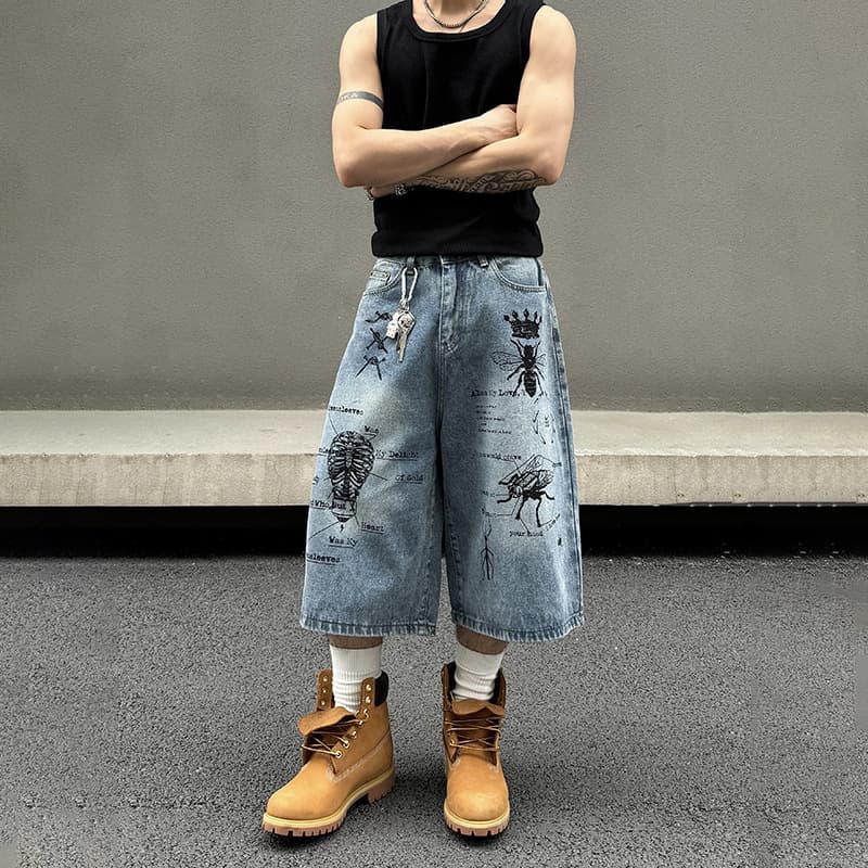 Men's Clothing Washed Insect Graffiti Denim Shorts Loose Straight Casual Cropped Pants