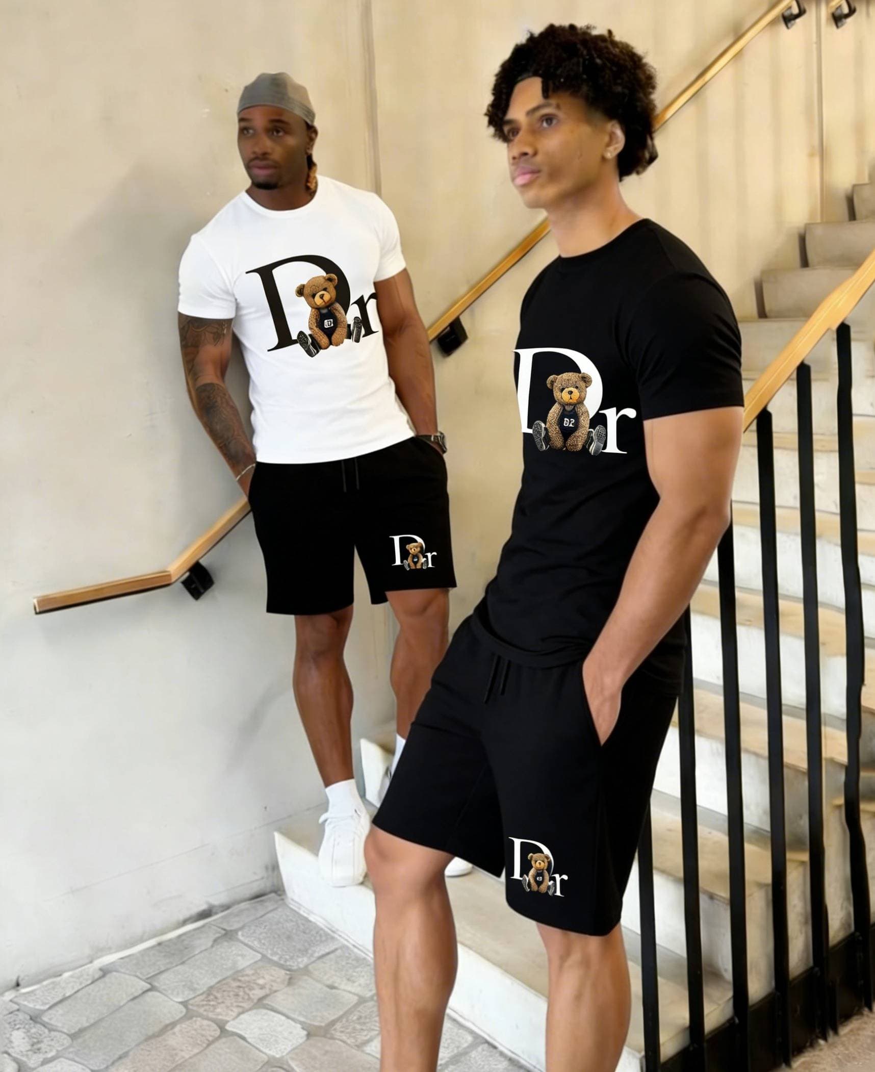 Men's Clothing Bear Dr Cross Border Men's T Shirt Set, Solid Color Knitted Bird's Eye Fabric, Breathable Round Neck Short Sleeve,