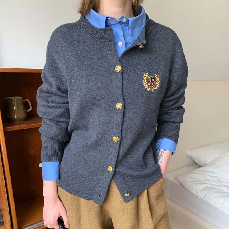 Women's Clothing round neck metal button long sleeve solid color college style embroidered jacket