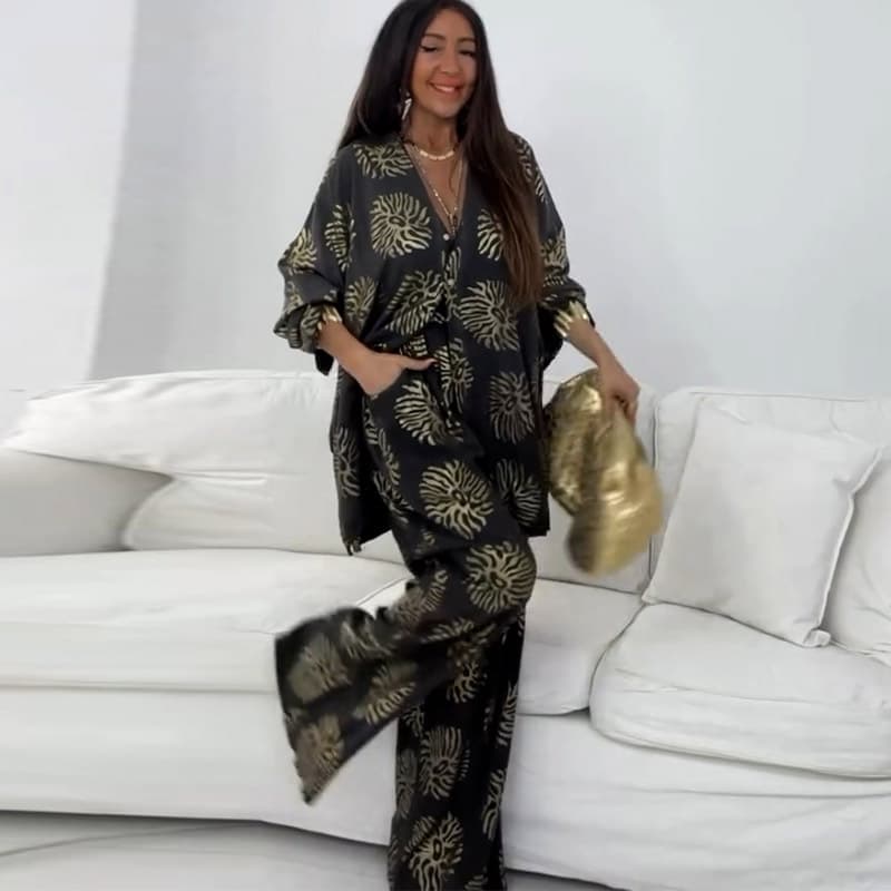 Women's Long Sleeve Top & Wide Leg Pants Set – Artistic Ink Wash Print, Comfortable Polyester, Trendy Streetwear (Xs-Xxxl, 6 Colors)