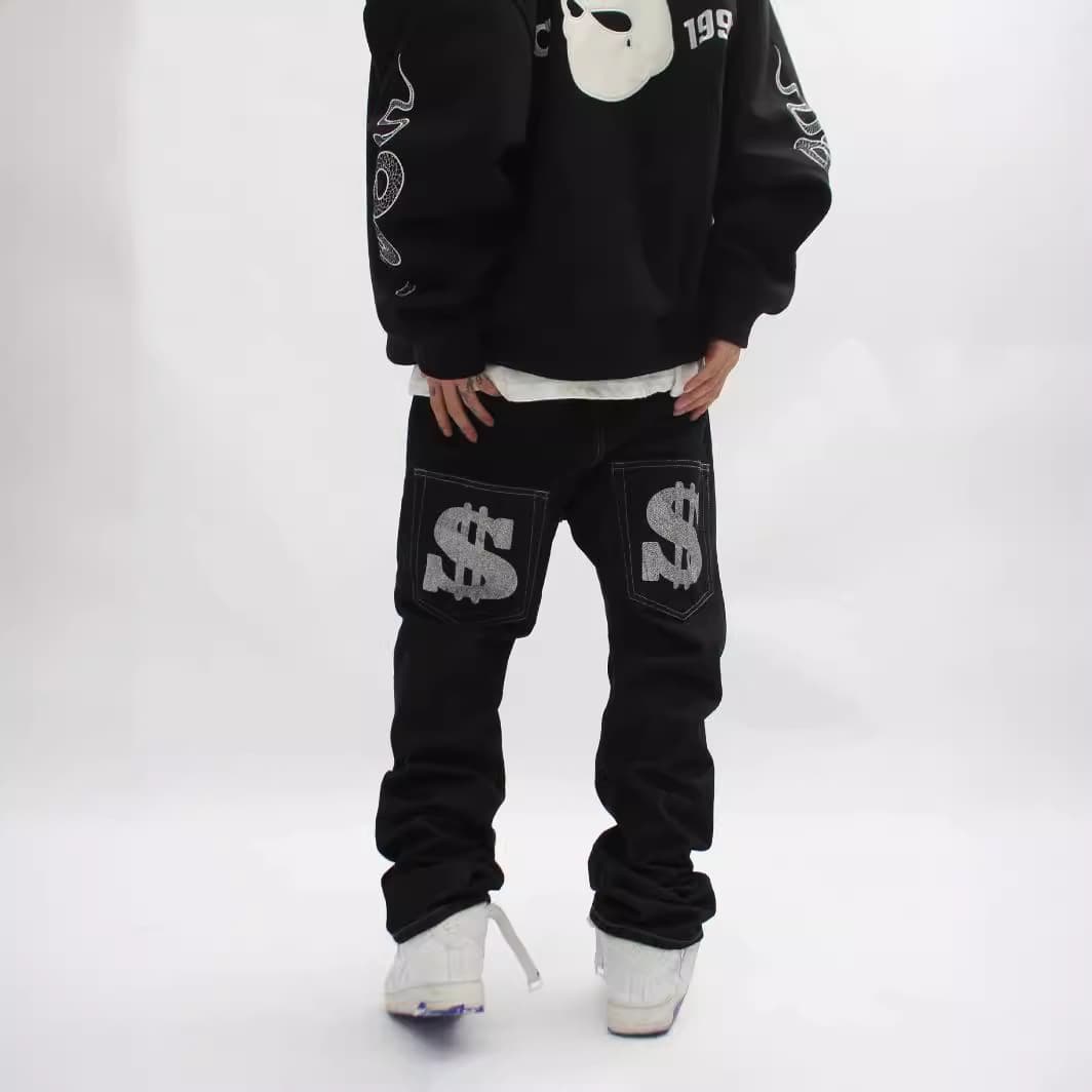 Man's Clothing Dark Letter-print Jeans Men's High Street Style Loose Leg Casual Straight Leg Pants