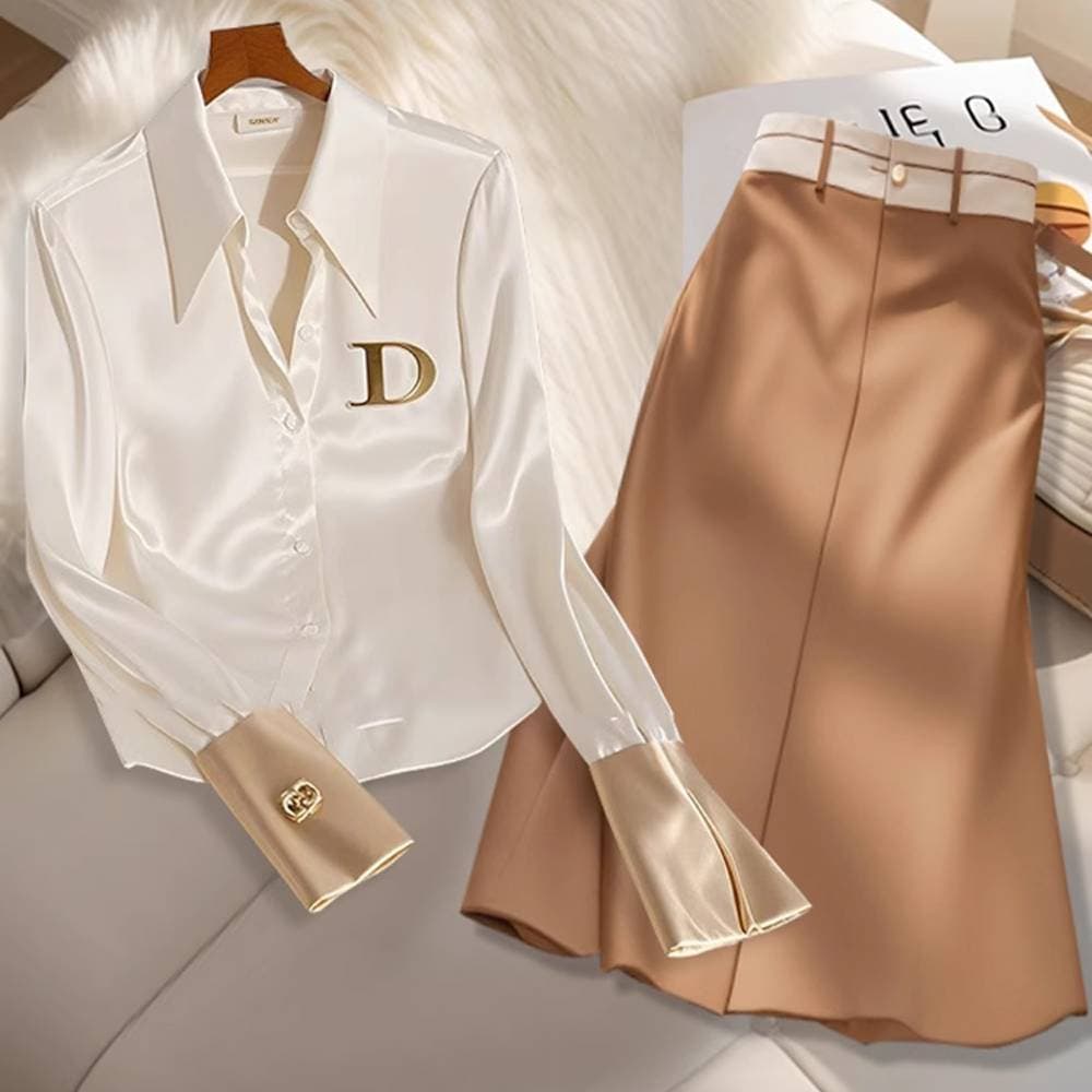 New Fashion Royal Sister Style Suit For Women Age-Reducing Loose Shirt High Waist Versatile Skirt Two-piece Set
