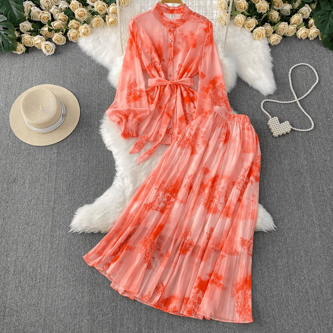 Women's Clothing Printed Temperament Stand Collar Lantern Sleeve Shirt Women's Summer Waist Slimming Top Skirt Two Piece Set