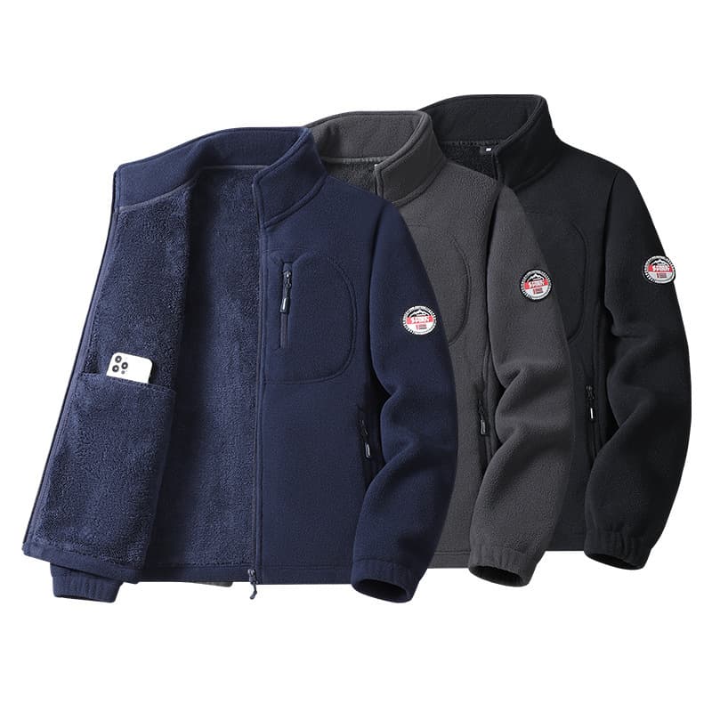 ​​Men's Fleece Stand Collar Jacket, Windproof & Water-Resistant Zip-Up Winter Coat With Thick Polar Fleece Lining, Multi-Pocket Outdoor Sportswear