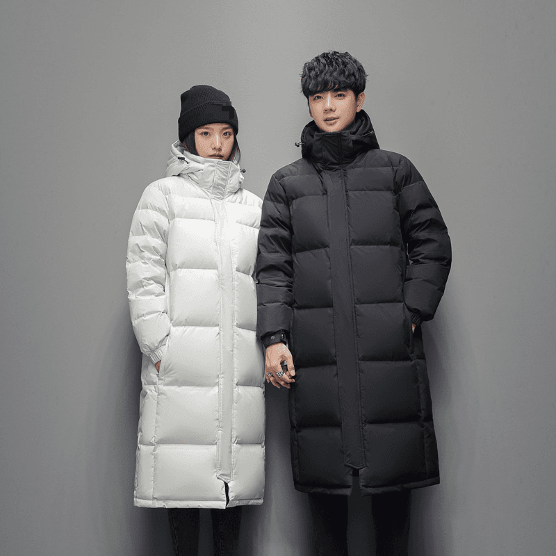 Men's Clothing cotton jacket men's long couple's wear thick warm hooded men and women's same style white duck cotton jacket